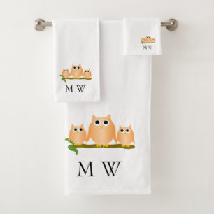 Orange Owls Design Monogrammed Bath Towel Set