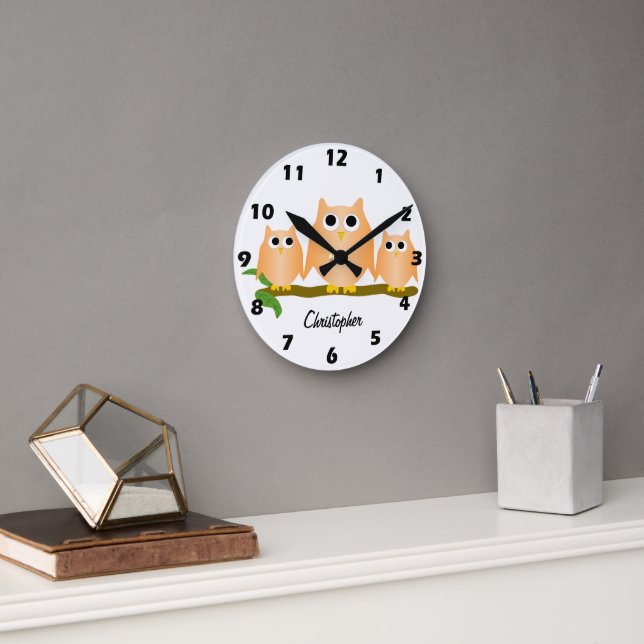 Orange Owls Design Personalised Round Clock (Office)