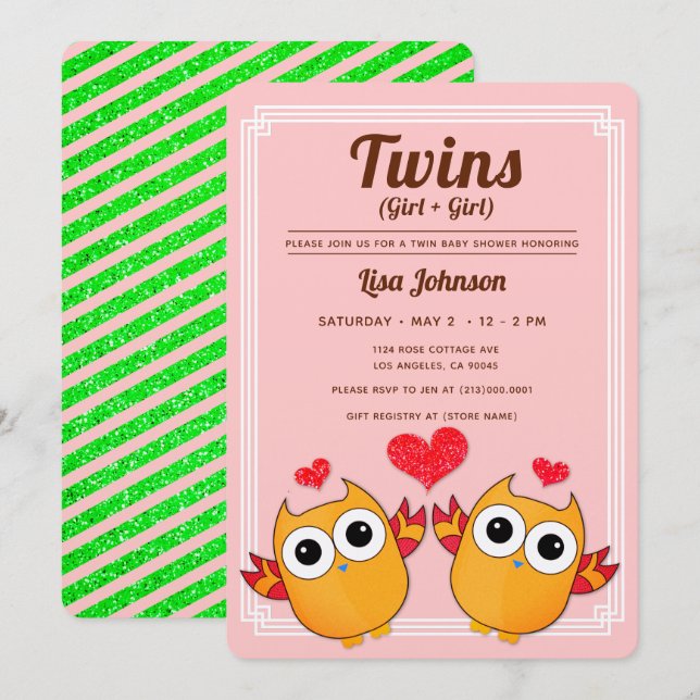 Orange Owls Twin Girls Red Stripes Baby Shower Invitation (Front/Back)
