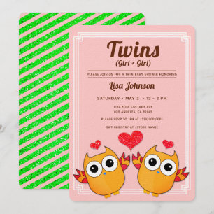 Orange Owls Twin Girls Red Stripes Baby Shower Invitation