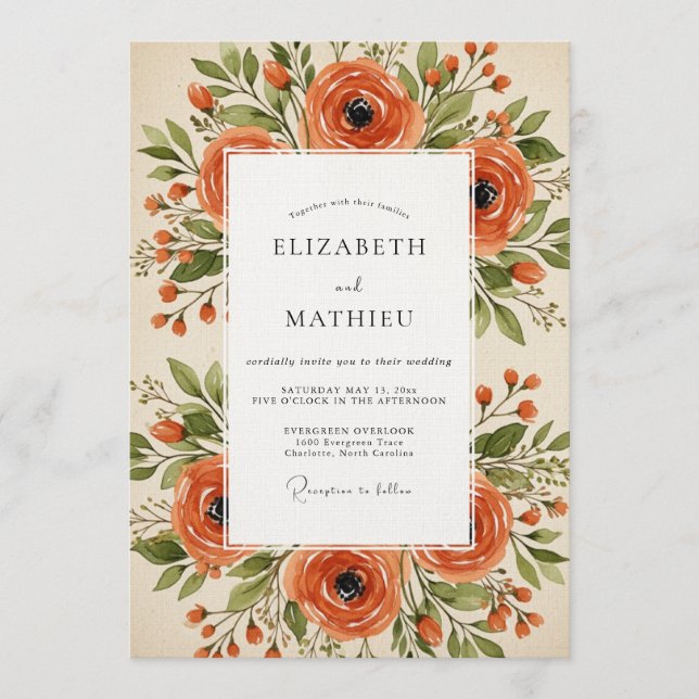 Orange Painterly Bloom Wedding Invitation (Front)