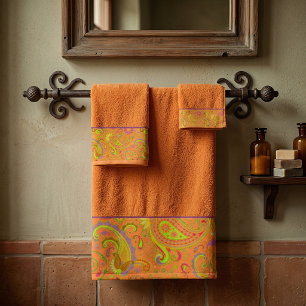 Orange paisley border bath towel set