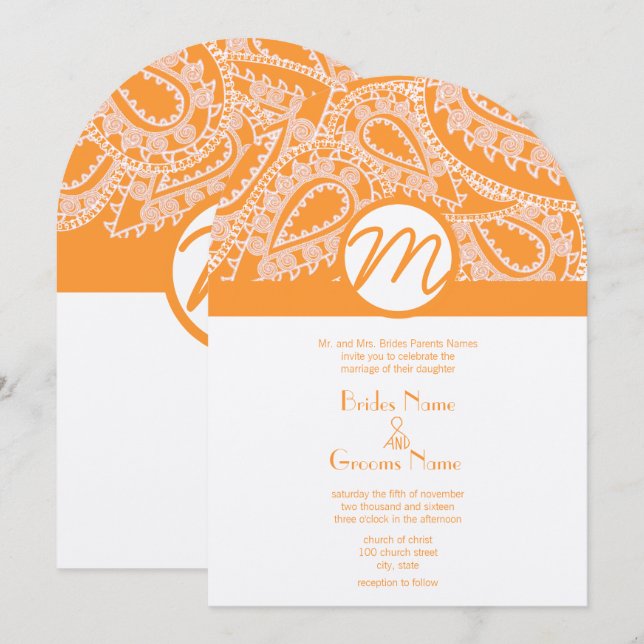 Orange Paisley Wedding Invitation (Front/Back)