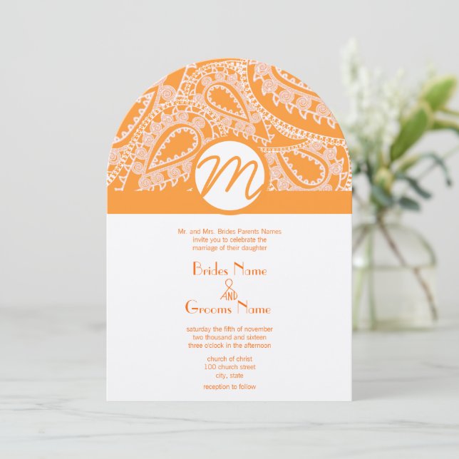 Orange Paisley Wedding Invitation (Standing Front)