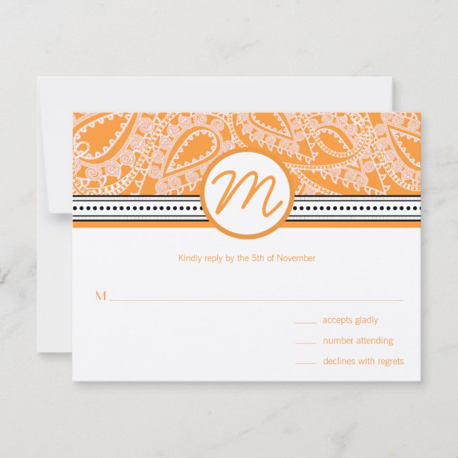 Orange Paisley Wedding RSVP with Dots (Front)