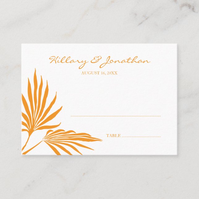 Orange palm leaf wedding escort seating place card (Front)