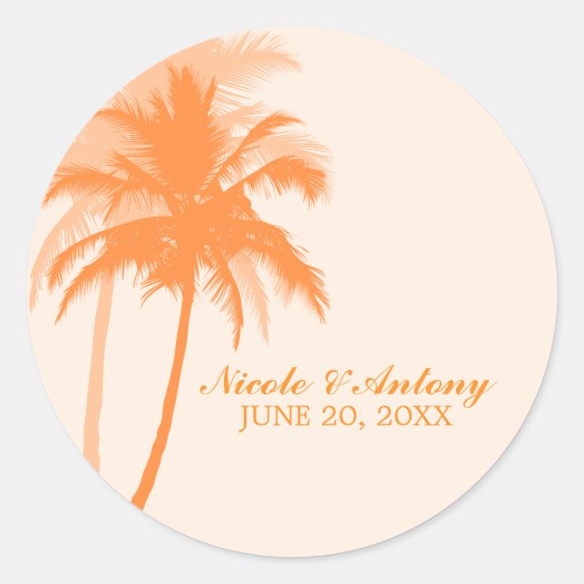 Orange Palm Trees Wedding Classic Round Sticker (Front)