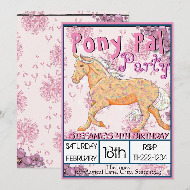 Orange Palomino Birthday II (pink dandelions) Invitation (Front/Back)