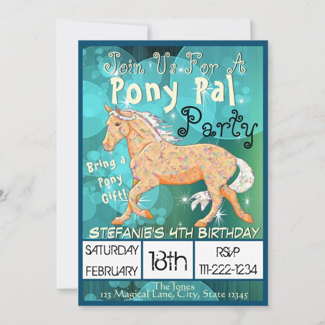 Orange Palomino Pony Gift  (teal bubbles) Invitation (Front)