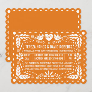 Orange papel picado love birds fiesta wedding invitation