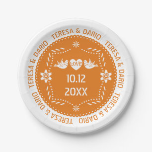 Orange papel picado love birds Mexican wedding Paper Plate