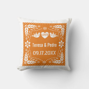 Orange papel picado love birds wedding fiesta  cushion