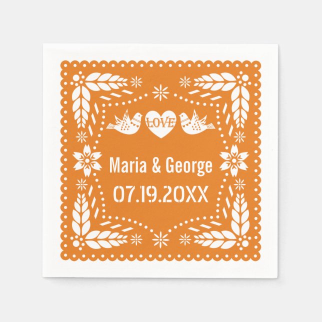 Orange papel picado love birds wedding fiesta napkin (Front)
