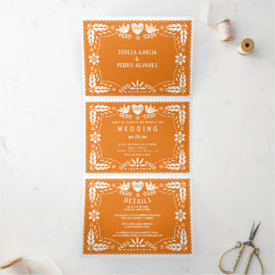 Orange papel picado love birds wedding Tri-Fold invitation