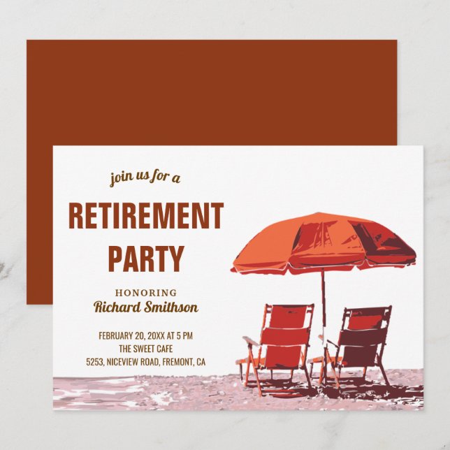 Orange Parasol Beach Chairs Retirement Party Invitation (Front/Back)