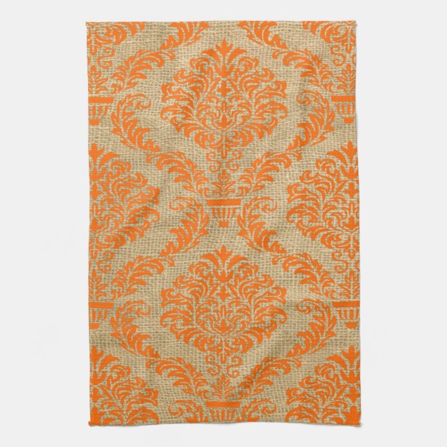 Orange Parisian Moods Damask Tea Towel (Vertical)
