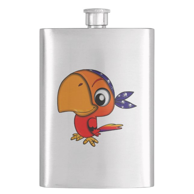 Orange parrot cartoon hip flask (Front)