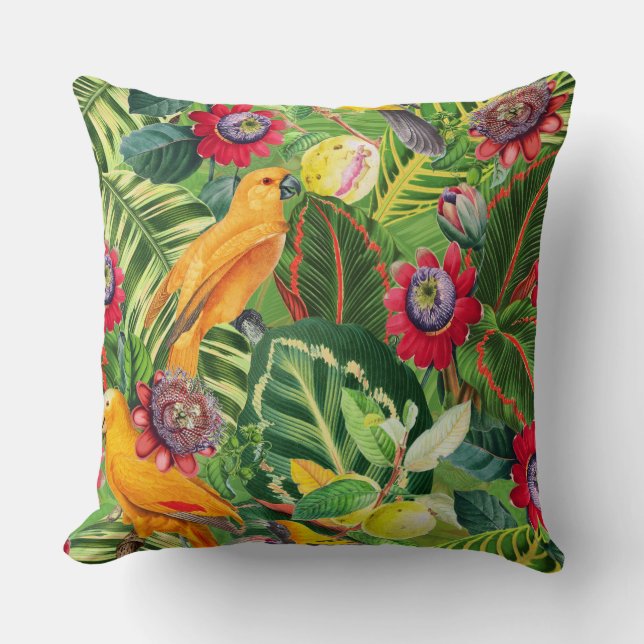 Orange Parrots in Tropical Flower Jungle Pattern Cushion (Front)