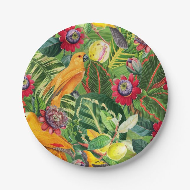 Orange Parrots in Tropical Flower Jungle Pattern Paper Plate (Front)
