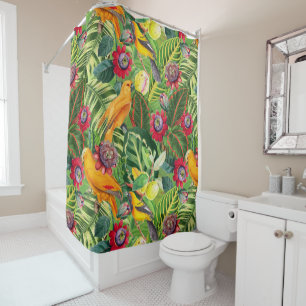 Orange Parrots in Tropical Flower Jungle Pattern Shower Curtain