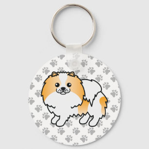 Orange Parti-Color Pomeranian Cartoon Dog & Paws Key Ring