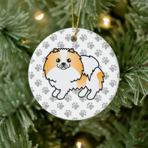 Orange Parti-Colour Pomeranian Cartoon Dog & Paws Ceramic Tree Decoration