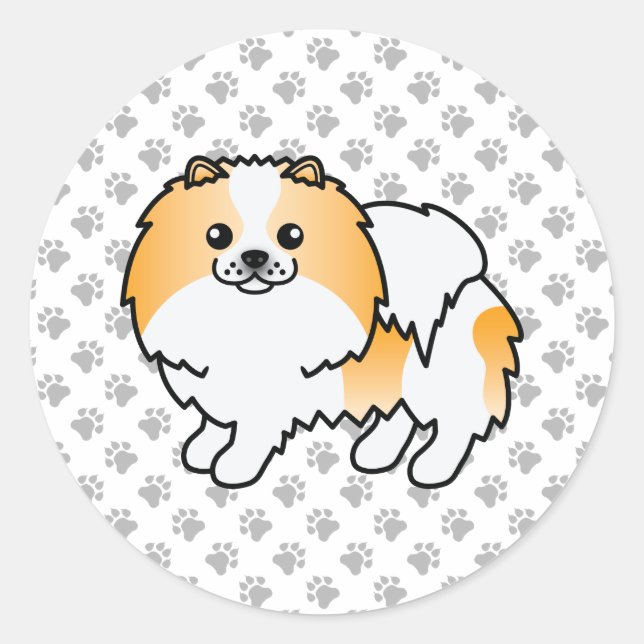 Orange Parti-Colour Pomeranian Cartoon Dog & Paws Classic Round Sticker (Front)