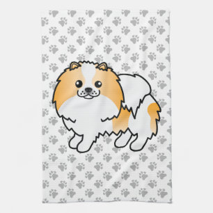 Orange Parti-Colour Pomeranian Cartoon Dog & Paws Tea Towel