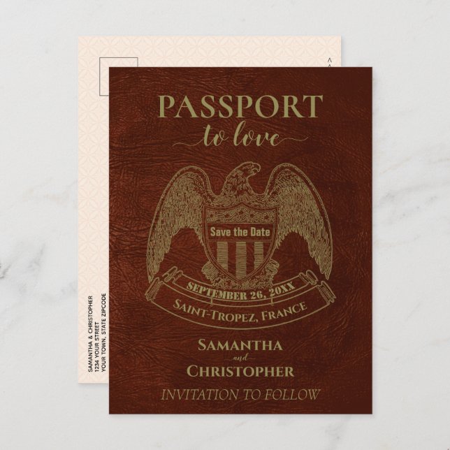 Orange Passport Cute Fun Wedding Save the Date Announcement Postcard (Front/Back)