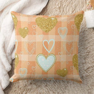 Orange Pastel Heart Stripe with Gold Accents Cushion