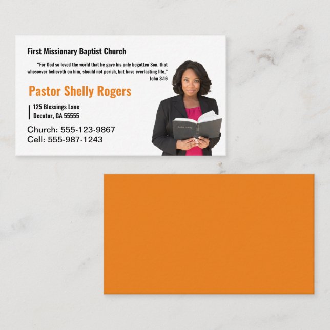 Orange Pastor or Deacon Photo Church Business Card (Front/Back)