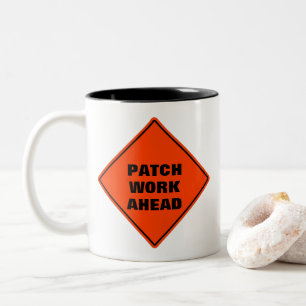 Orange patch work ahead road sign personalised Two-Tone coffee mug