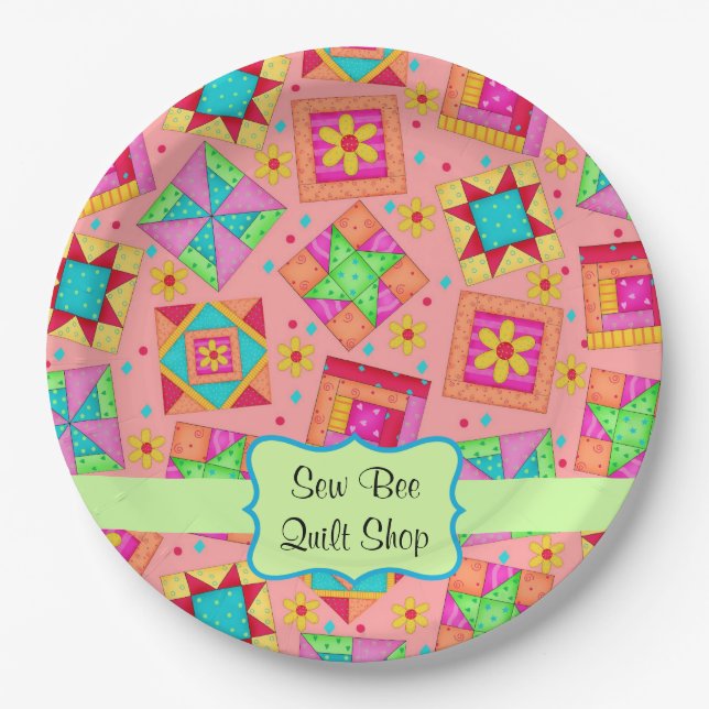 Orange Patchwork Quilt Block Name Happy Birthday Paper Plate (Front)