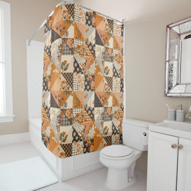 Orange Patchwork Quilt Rustic Floral Retro  Shower Curtain (In Situ)