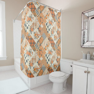 Orange Patchwork Quilt Rustic Floral Retro  Shower Curtain