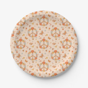 Orange Peace Floral Pattern Paper Plate