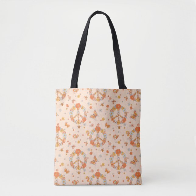 Orange Peace Floral Pattern Tote Bag (Front)