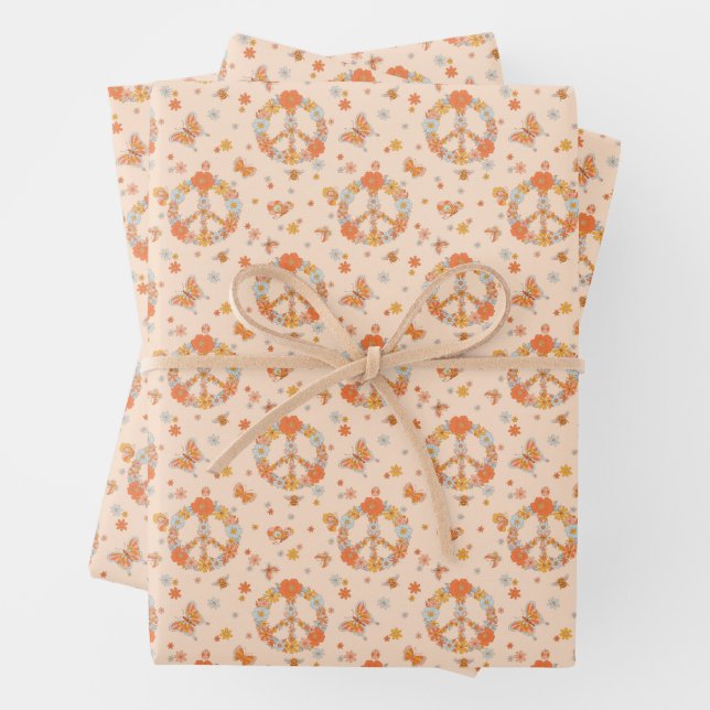 Orange Peace Floral Pattern Wrapping Paper Sheet (In situ)