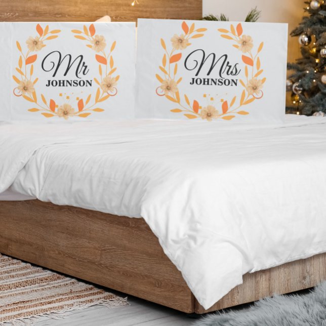 Orange Peach Floral Elegant Script Mr Pillow Case (Creator Uploaded)