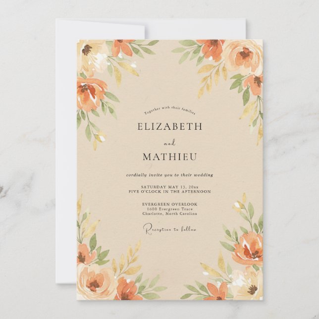 Orange Peach Floral Flourish Wedding Invitation (Front)