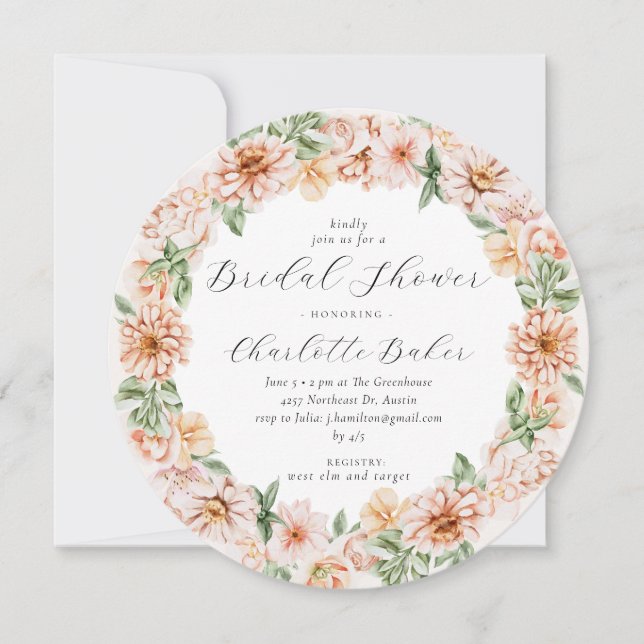 Orange Peach Floral Garden Botanical Bridal Shower Invitation (Front)