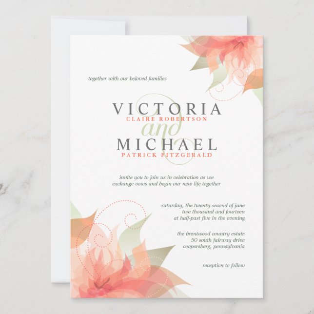 Orange Peach Floral Wedding Invitations (Front)