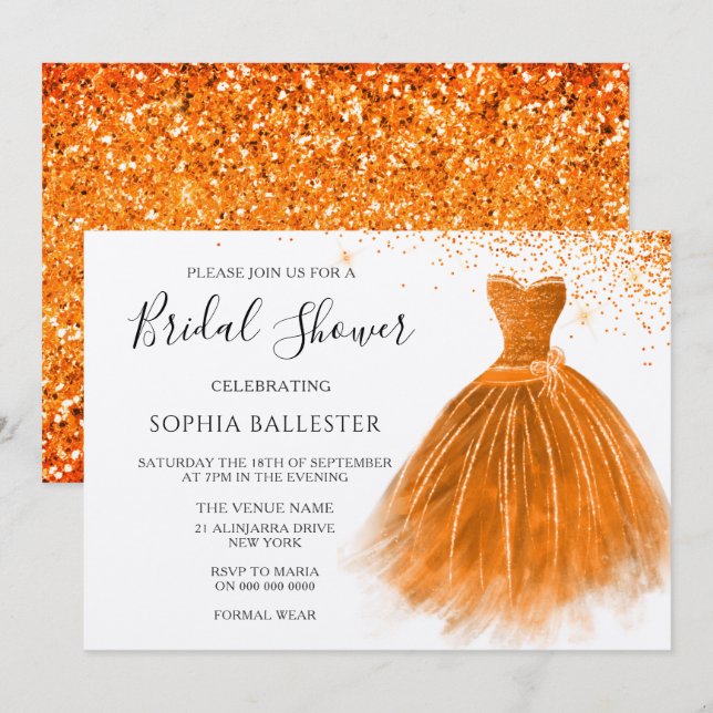Orange Peach Glitter Gown Dress Bridal Shower Invitation (Front/Back)