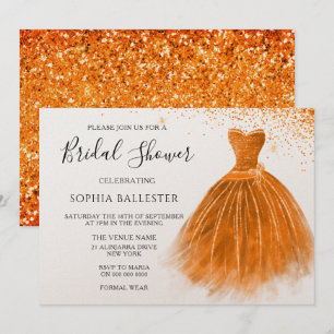 Orange Peach Glitter Gown Dress Bridal Shower Invitation