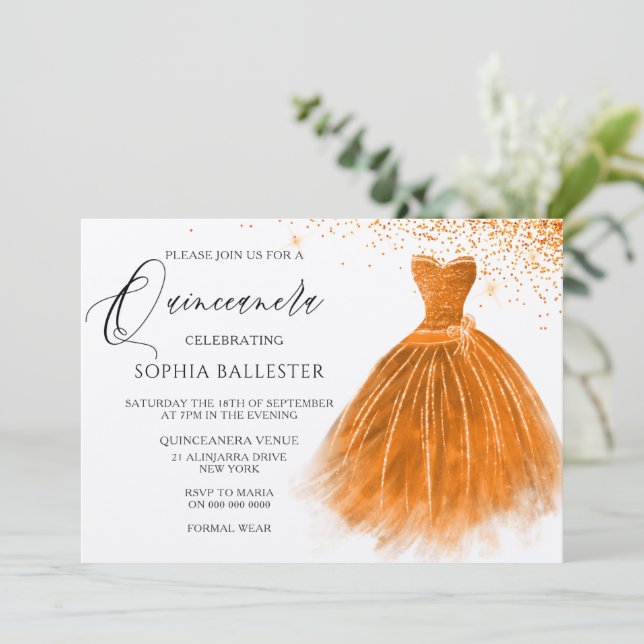 Orange Peach Glitter Gown Dress Quinceanera Party Invitation (Standing Front)
