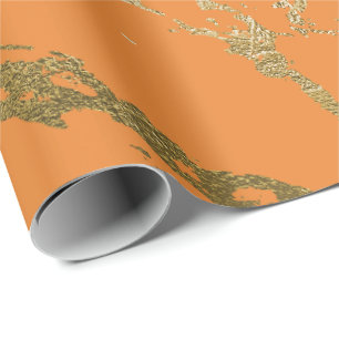 Orange Peach Gold Marble Shiny Glam Abstract VIP Wrapping Paper