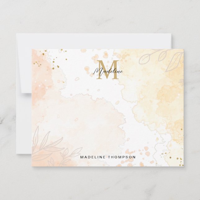 Orange Peach Gold Watercolor Splash Monogram Card (Front)
