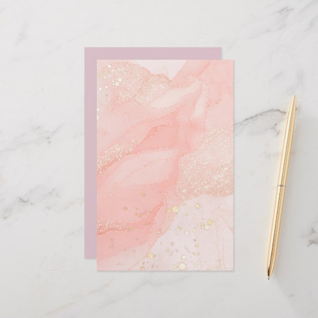 Orange Peach Liquid Marble Glitter Stationery (Front/Back In Situ)