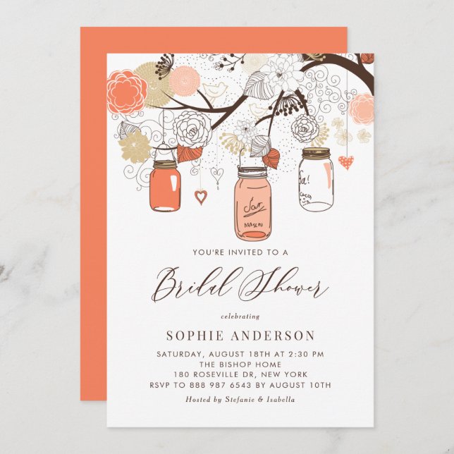 Orange Peach Mason Jars Bridal Shower Invitation (Front/Back)