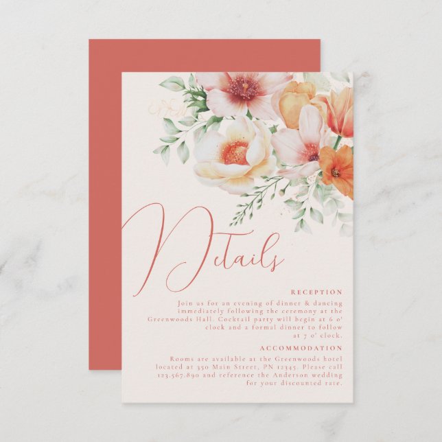 Orange Peach Spring Summer Floral Wedding Details Enclosure Card (Front/Back)